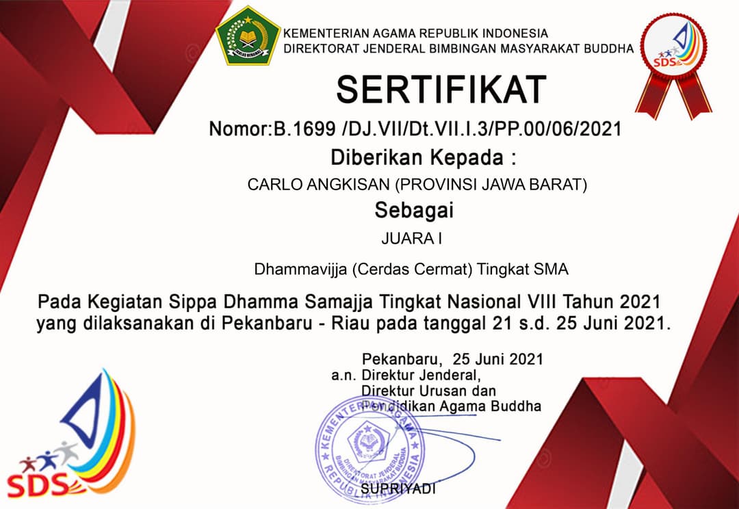 1st Place in the Dhammavijja Senior High School Competition at the National Level VIII Sippa Dhamma Samajja
