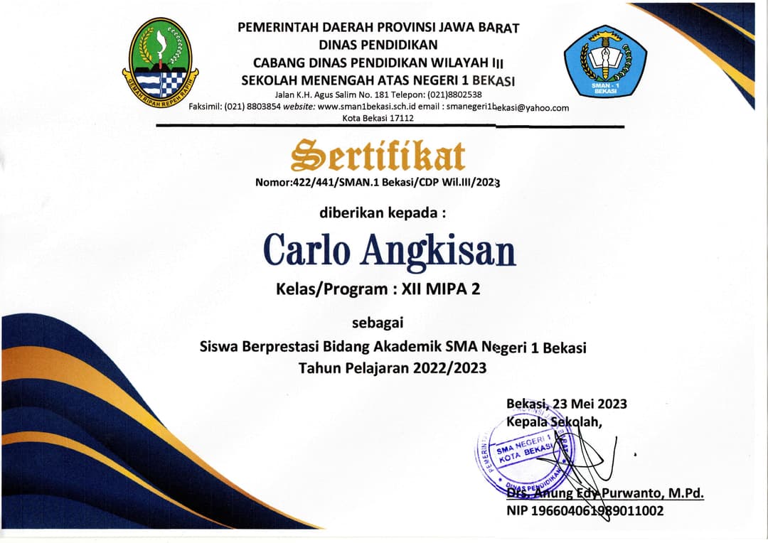 Outstanding Academic Student at SMAN 1 Bekasi for the 2022/2023 Academic Year